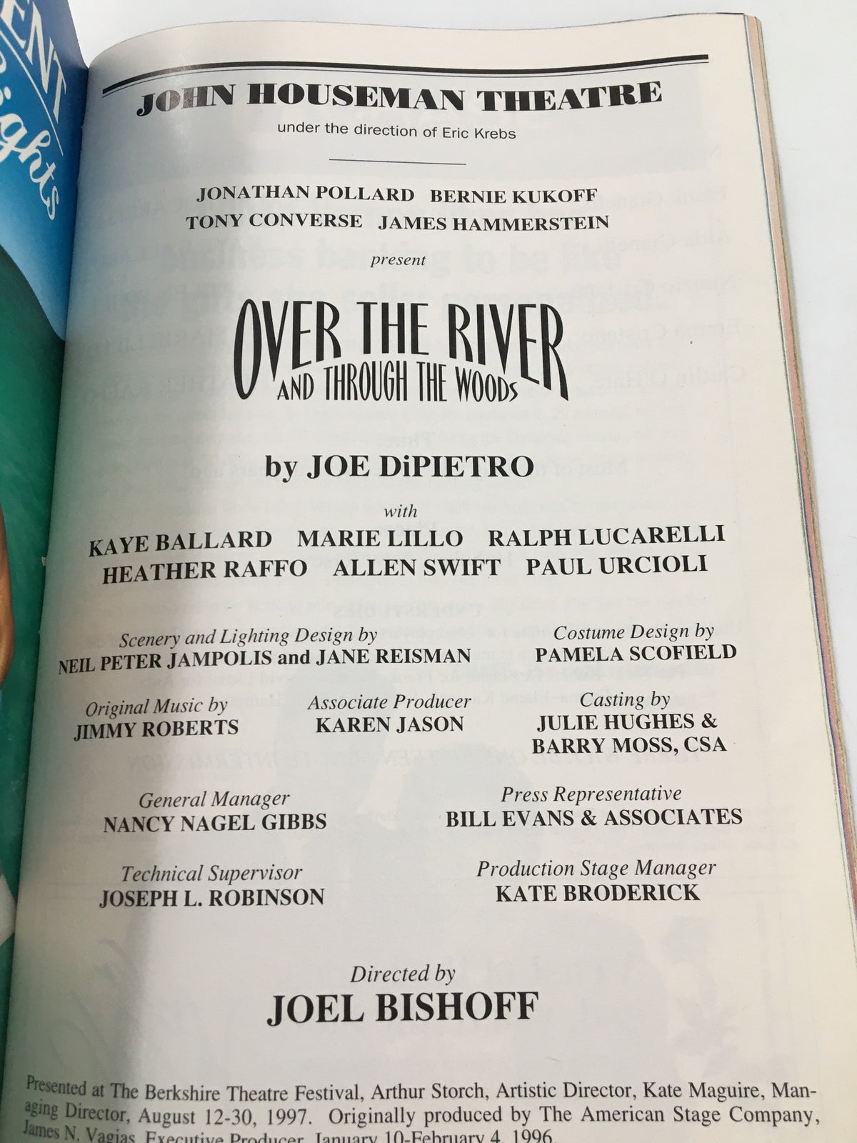 Interior page of the 1999 Playbill for Over the River and Through the Woods, showcasing cast and crew credits along with production details from the John Houseman Theatre.