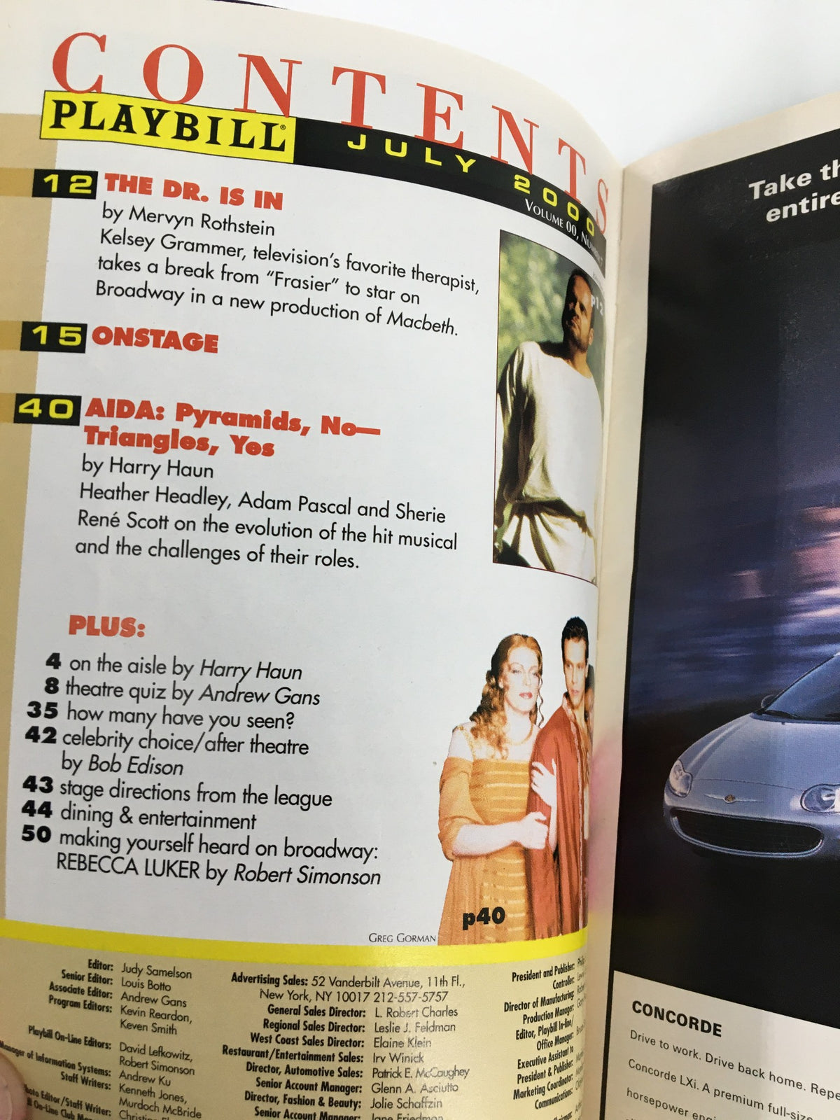 Contents page of the 2000 Playbill featuring Jane Powell in Avow, listing information about other performances and articles from July 2000.