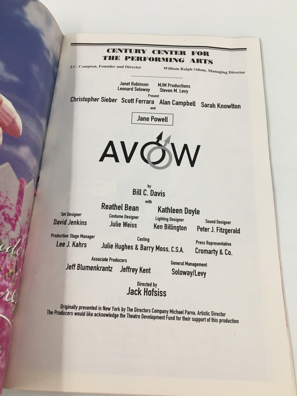 Title page of the 2000 Playbill featuring Jane Powell in Avow, detailing the cast and crew involved in the production at the Century Center for the Performing Arts.