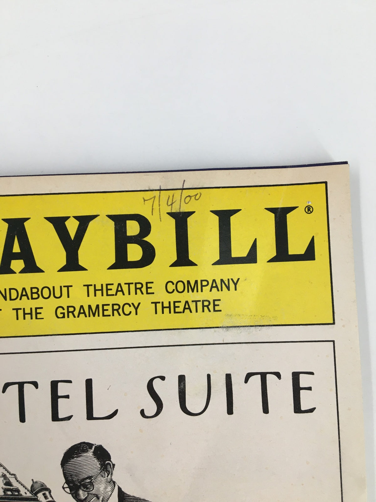 Close-up of the 2000 Playbill from Gramercy Theatre for Hotel Suite, showing handwritten date and details.