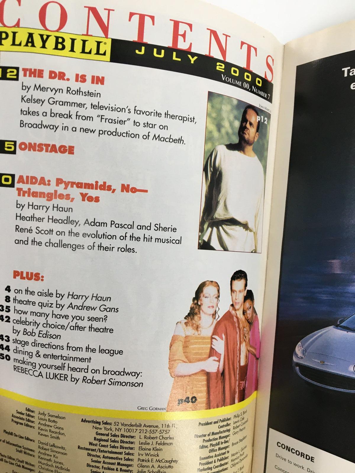 Contents page from July 2000 Playbill highlighting various theater productions, including Hotel Suite.