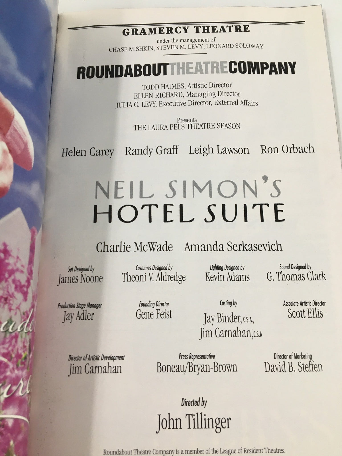 Inside page of the 2000 Playbill from Gramercy Theatre, listing cast and crew for Hotel Suite with credits.
