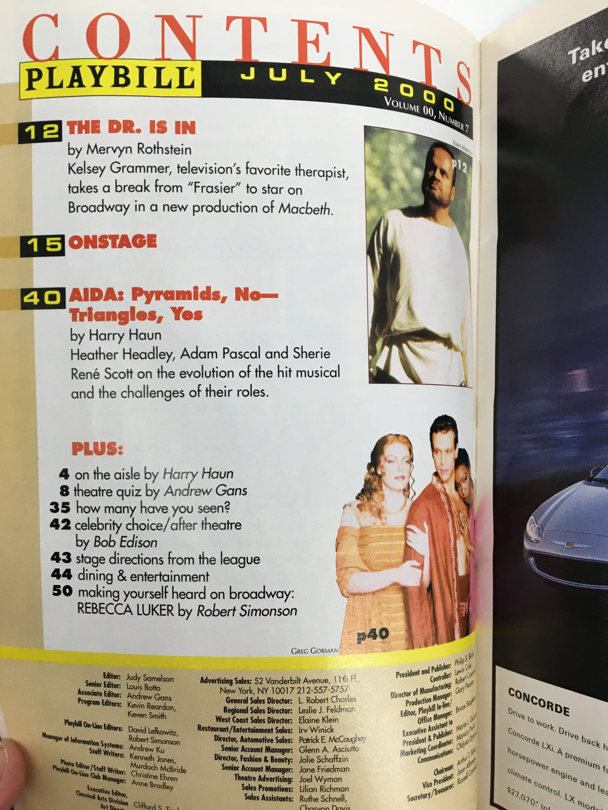 2000 Playbill Lincoln Center Theater contents page showcasing articles including The Dr. Is In, Aida, and stage offerings, from July 2000.