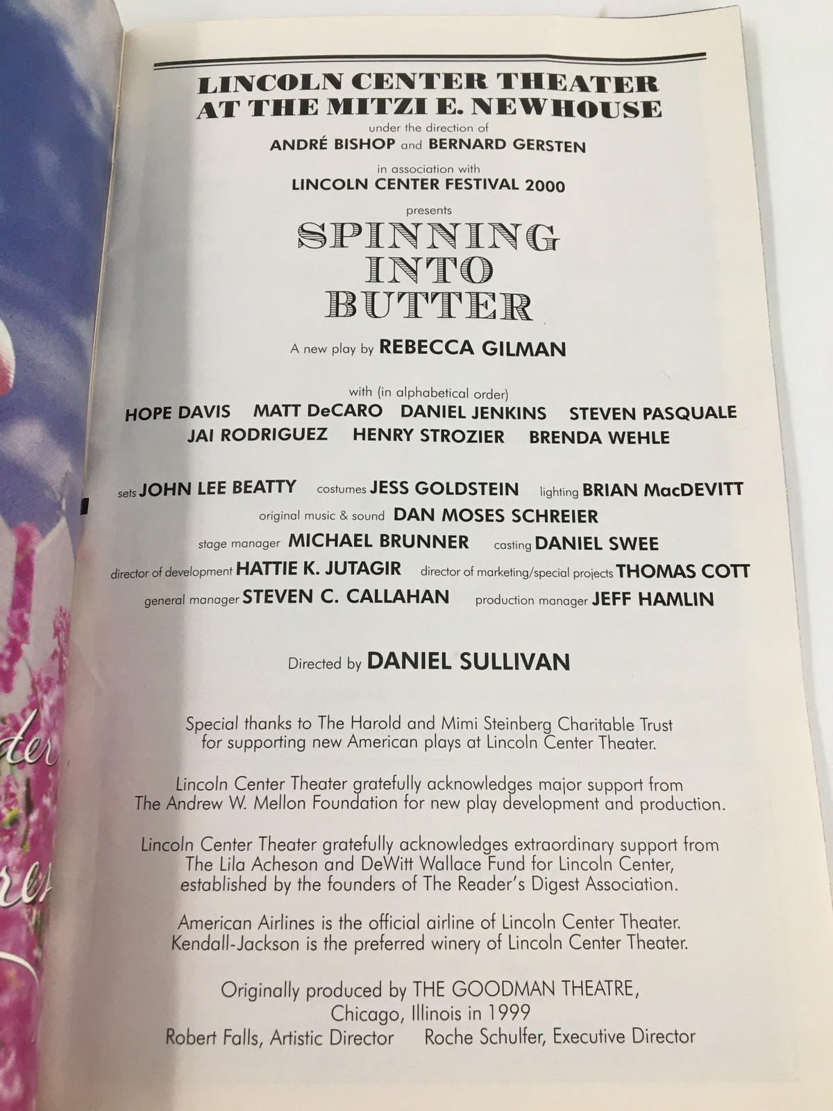 2000 Playbill Lincoln Center Theater featuring Hope Davis in Spinning Into Butter, showcasing cast information and production details.