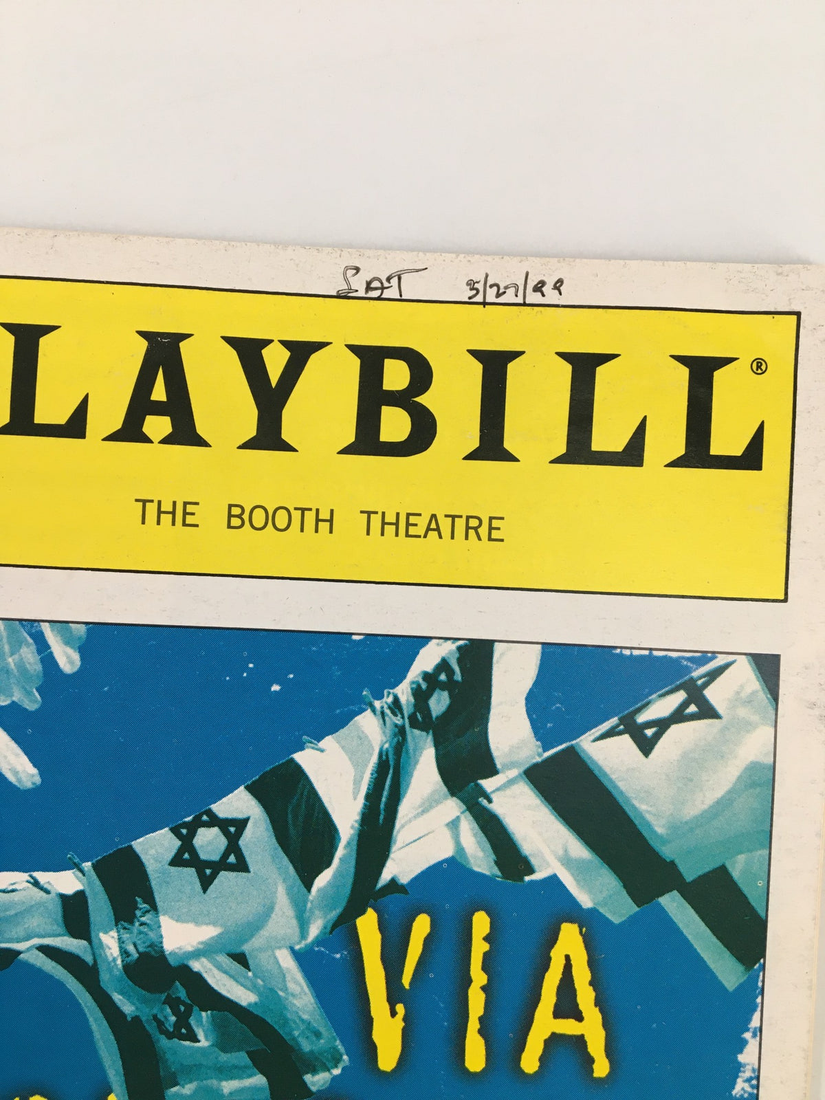 Close-up of the top section of the 1999 Playbill for Via Dolorosa highlighting the date and theatre details.