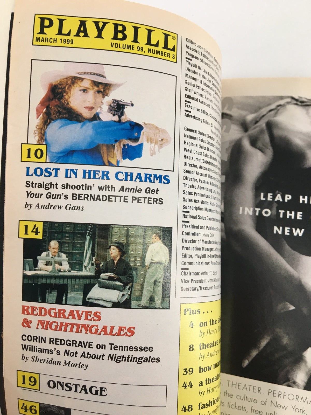 Inside page of the March 1999 Playbill featuring other theatrical productions alongside the listing for Via Dolorosa.