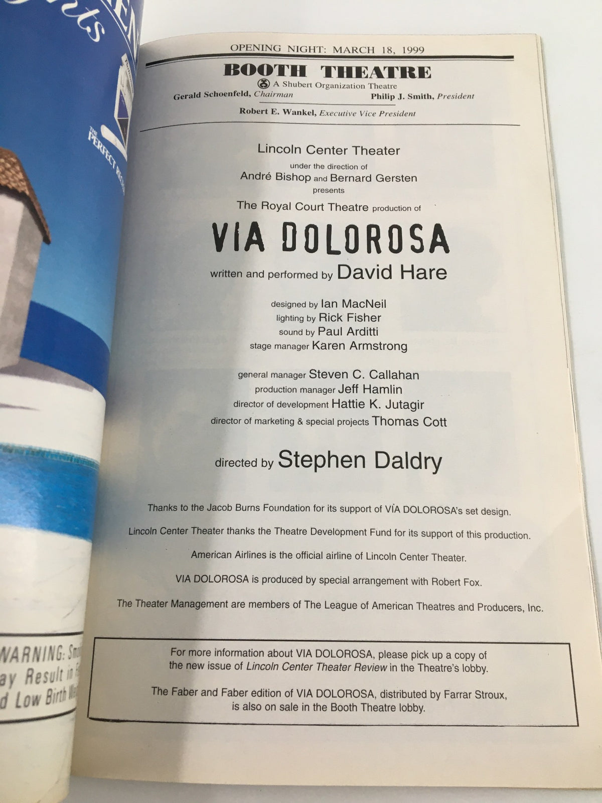 Opening night page of the 1999 Playbill for Via Dolorosa, detailing the production team and director Stephen Daldry.