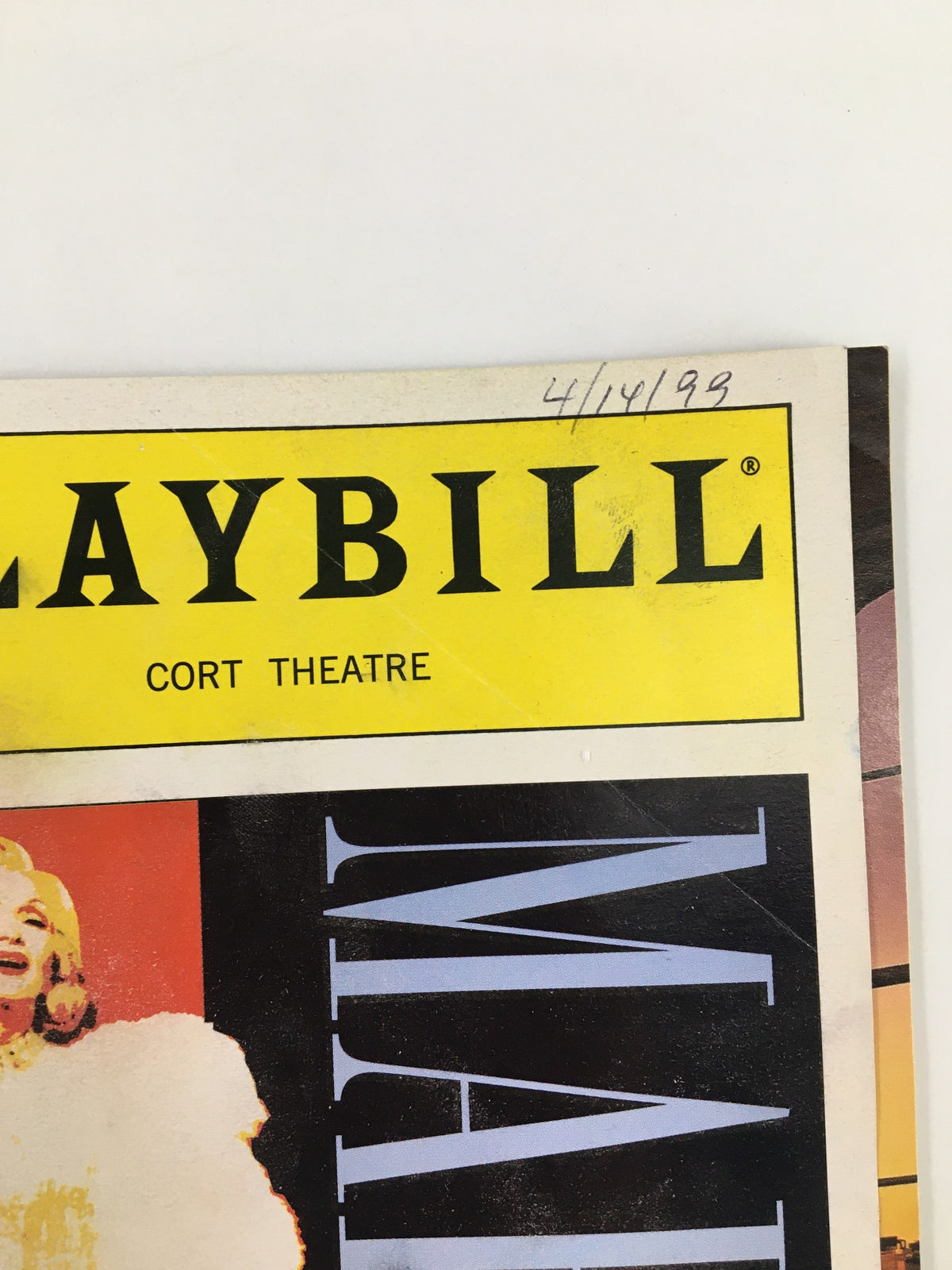 Close-up of the 1999 Playbill Cort Theatre cover for Marlene, featuring a date stamp from 4/14/98.