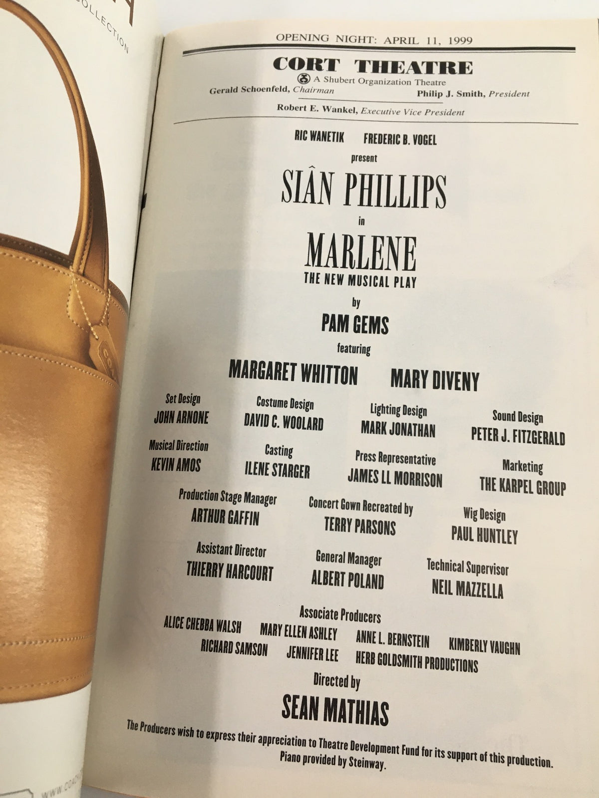Cast and crew information from the 1999 Playbill for Marlene at Cort Theatre, emphasizing Sian Phillips and Margaret Whitton.