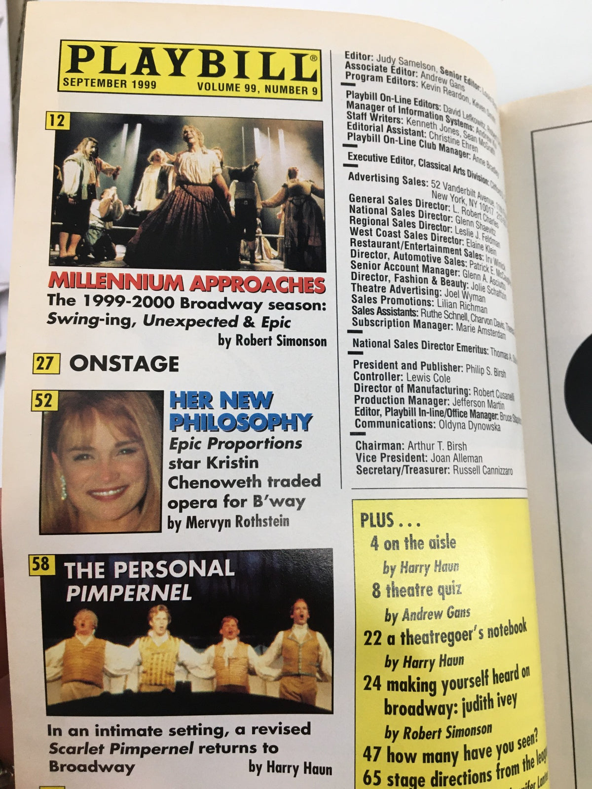 Interior page of the 1999 Playbill from Union Square Theatre, displaying articles including 'Millennium Approaches' and details about the production of 'Wit' featuring Judith Light.
