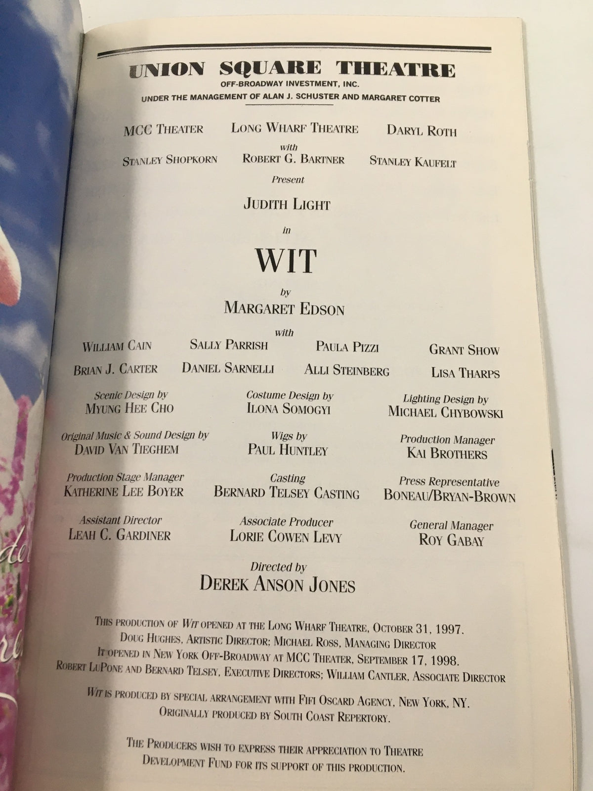 Cast and crew details for the 1999 Union Square Theatre production of 'Wit' by Margaret Edson, featuring Judith Light, showcasing the program's layout.