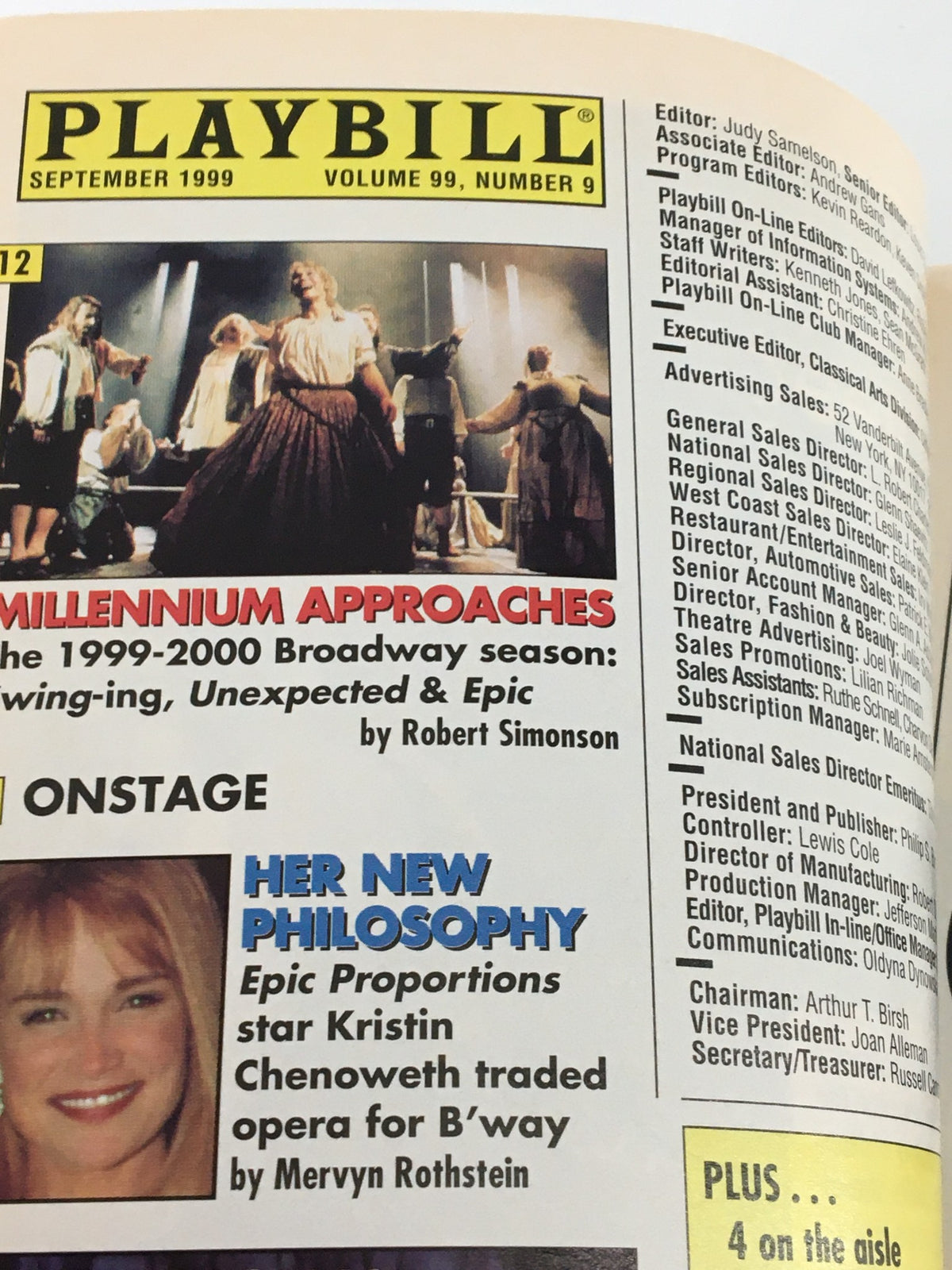 1999 Playbill back cover with editorial details and features, including a mention of Millennium Approaches in the September issue.