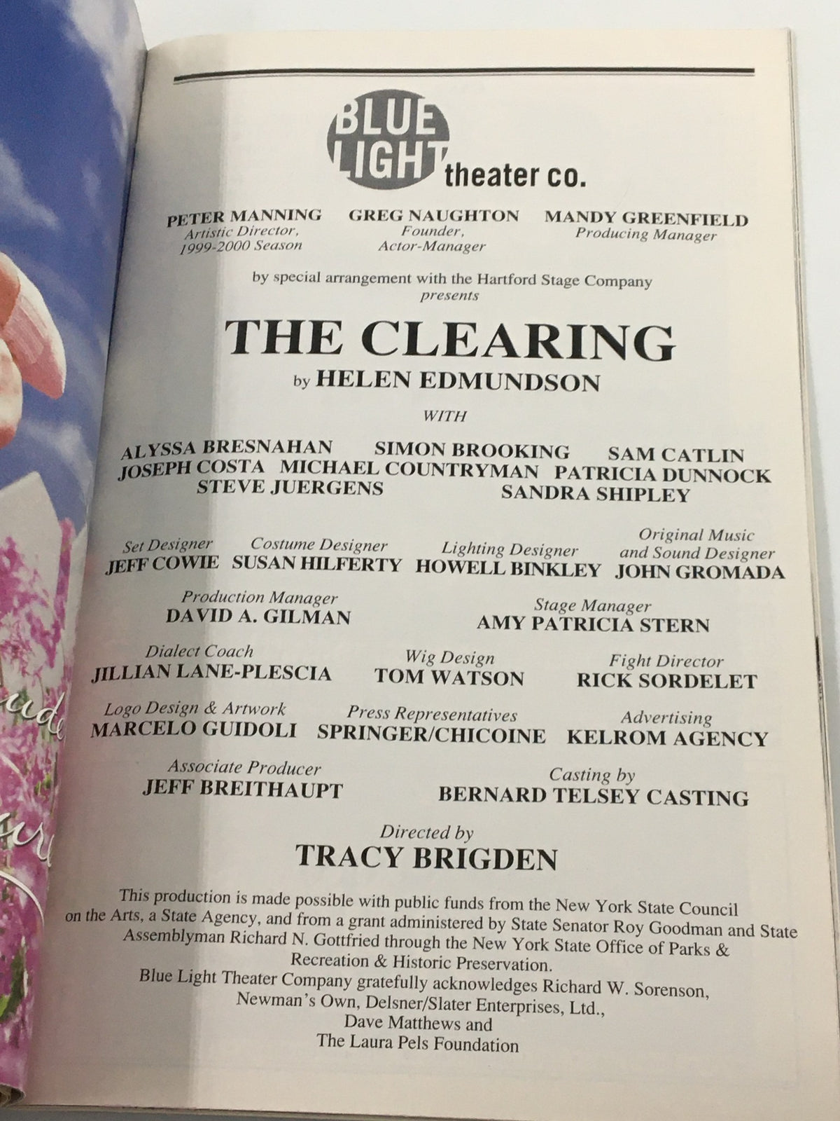 1999 Playbill from The McGinn/Cazale Theatre featuring the cast and crew of 'The Clearing' by Helen Edmundson, highlighting Alyssa Breshahan and others.