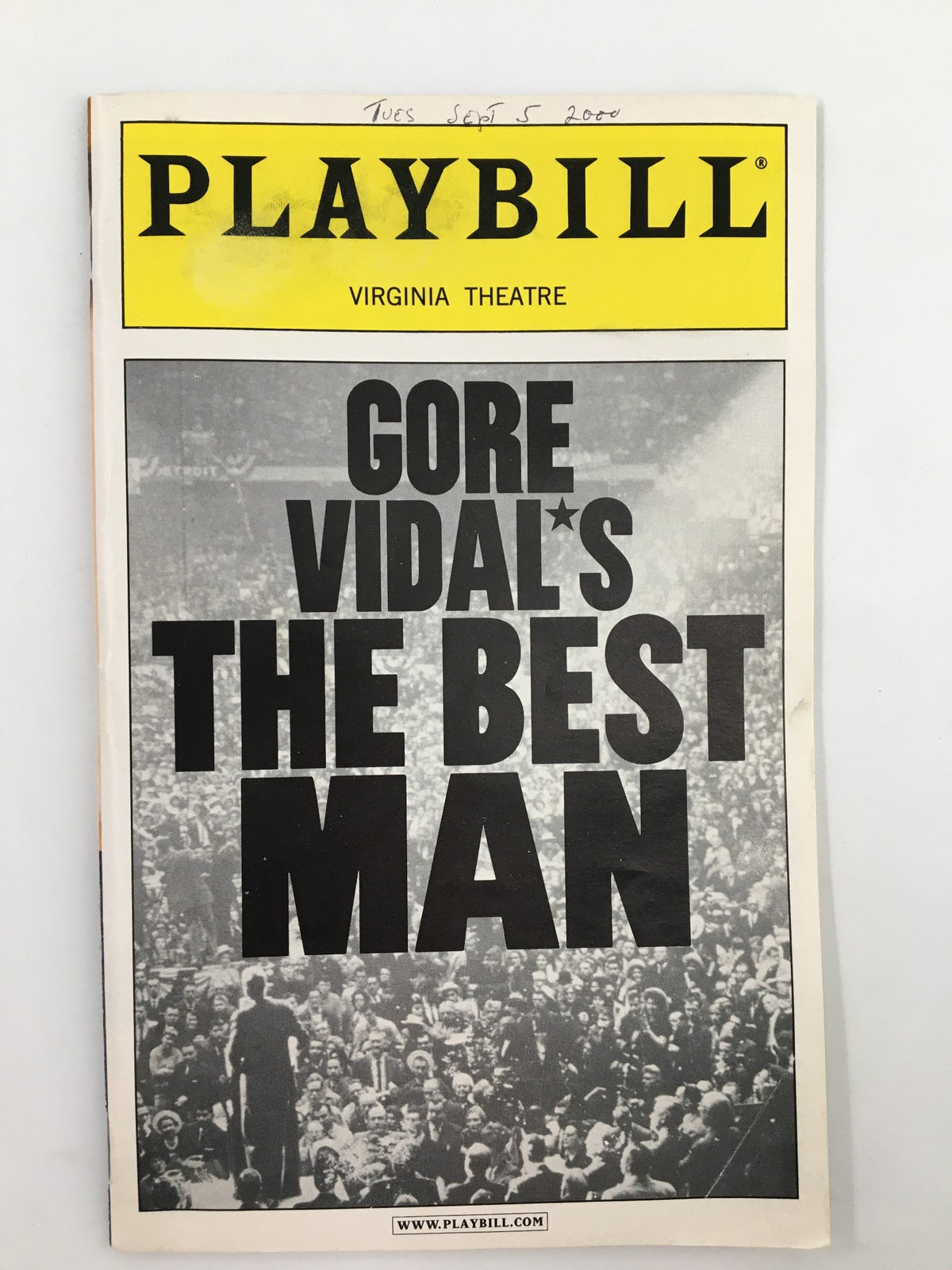 Cover of the 2000 Playbill for Gore Vidal's The Best Man, featuring the Virginia Theatre logo and an audience in the background.