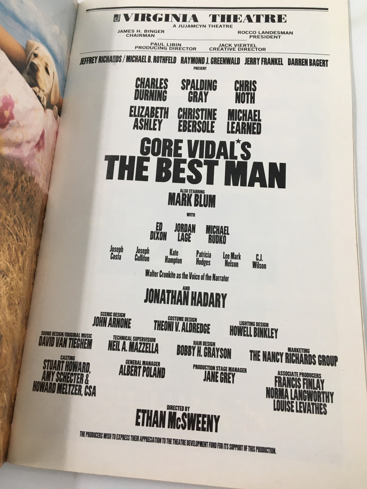 2000 Playbill Virginia Theatre showcasing the cast and production details of Gore Vidal's The Best Man, highlighting Charles Durning and other notable performers.