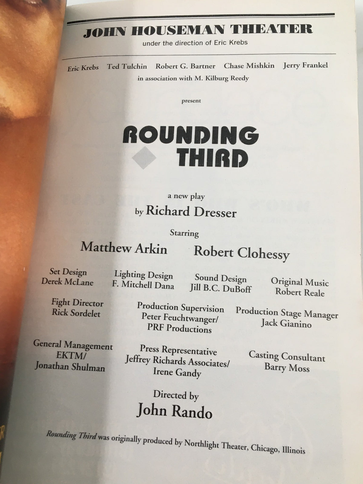 Cast listing page from the 2003 Playbill for the play 'Rounding Third,' highlighting prominent performers Matthew Arkin and Robert Clohessey with detailed production credits.