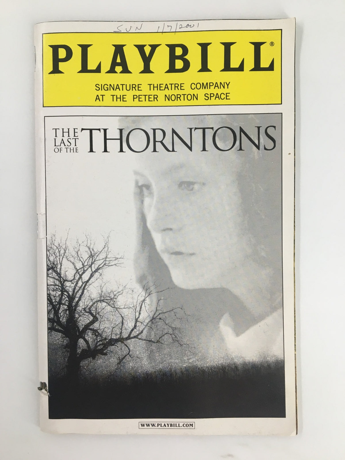 2000 Playbill: The Peter Norton Space featuring The Last of the Thorntons, showcasing a black-and-white cover image with a silhouette and tree against a stark background.