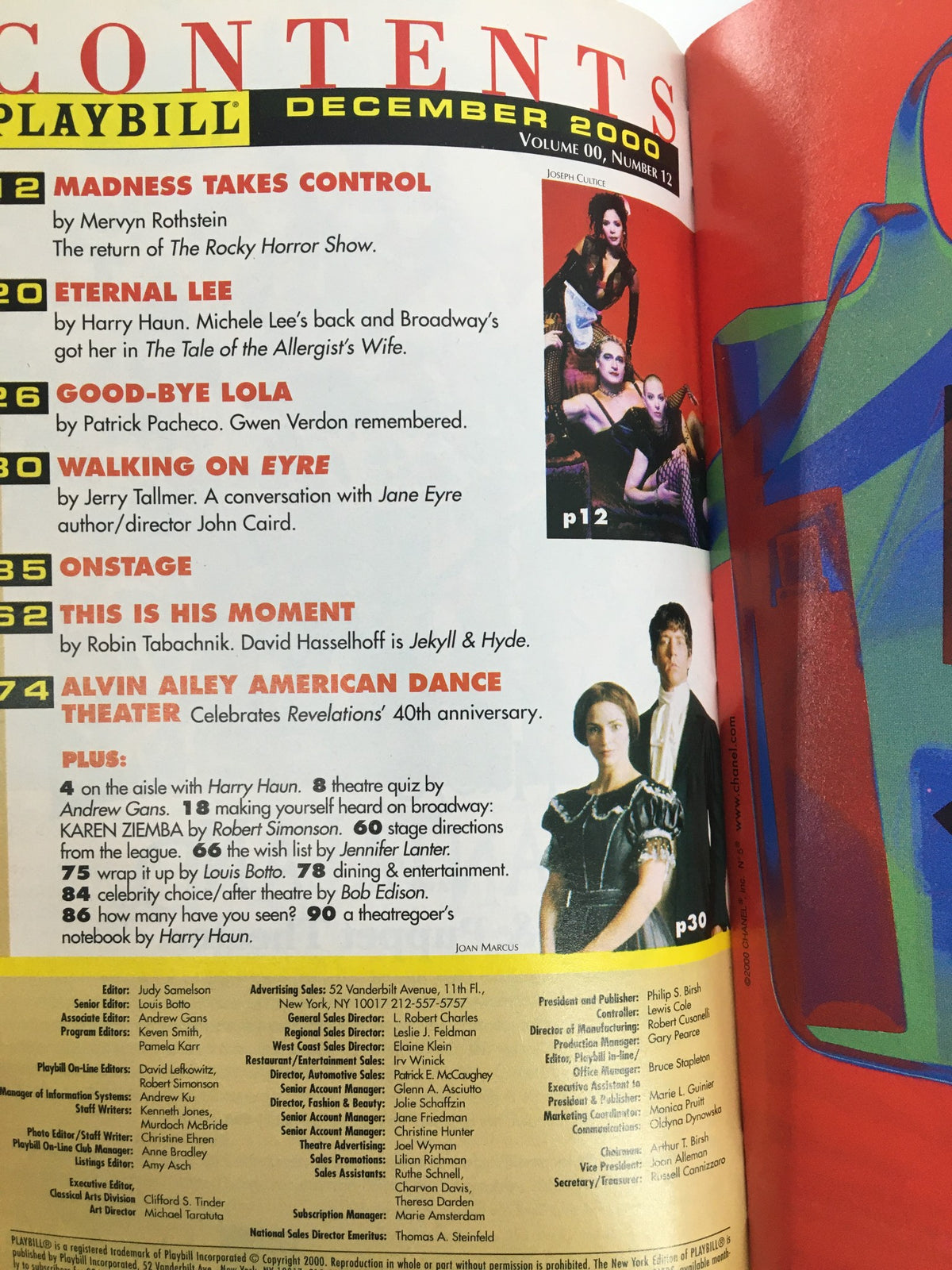 Contents page of the 2000 Playbill for The Peter Norton Space featuring The Last of the Thorntons, showcasing articles and highlights from the production.