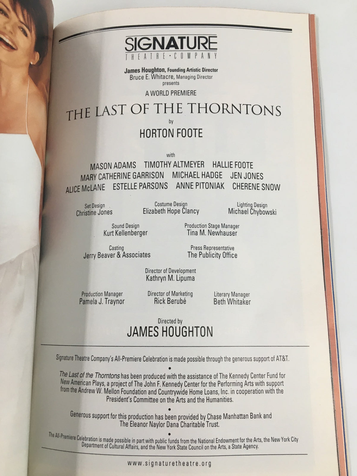 Page detailing the cast and production team of The Last of the Thorntons in the 2000 Playbill, highlighting Mason Adams and other key contributors.