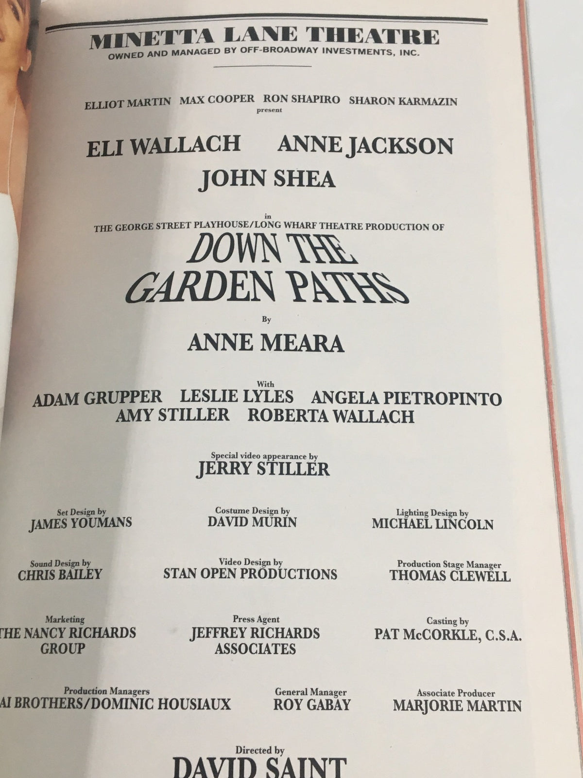 Credits and cast list from the 2000 Playbill for 'Down The Garden Paths' featuring Eli Wallach at Minetta Lane Theatre.