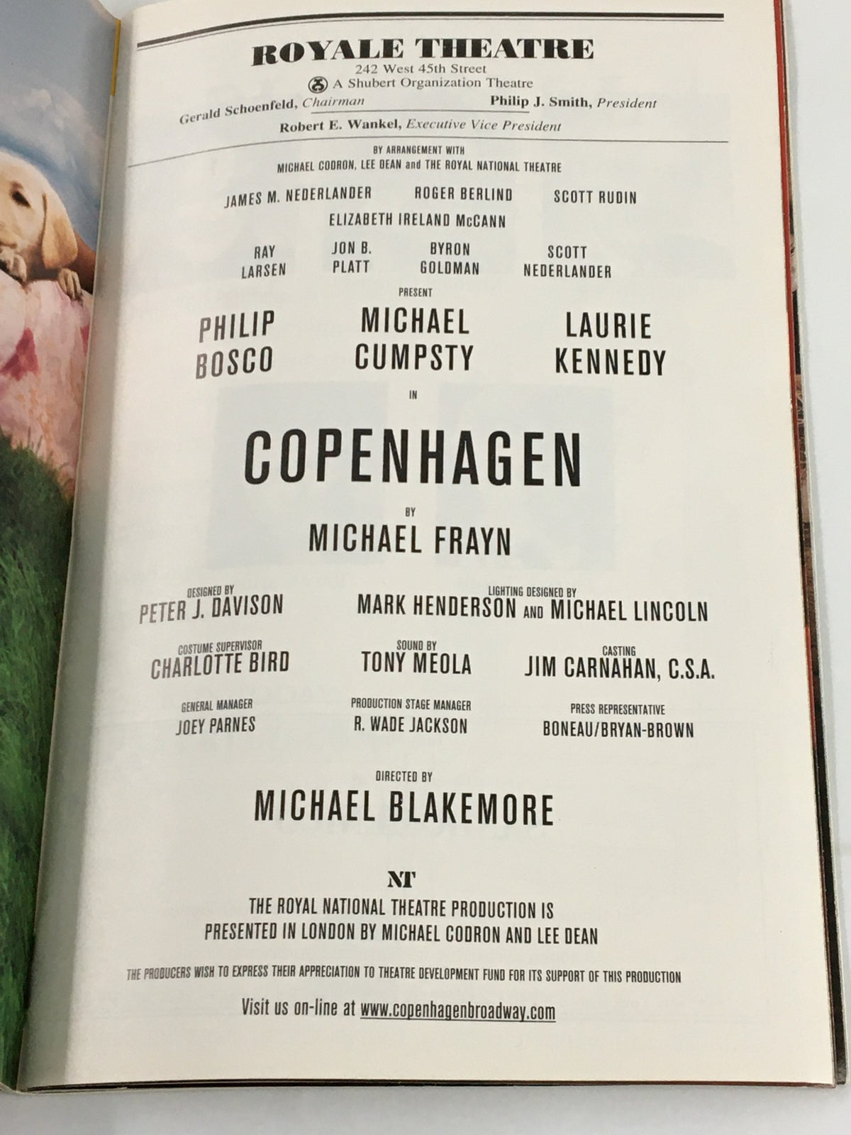 Cast and crew page from the 2001 Playbill of 'Copenhagen' at Royale Theatre, listing Philip Bosco, Michael Cumpsty, and production details.