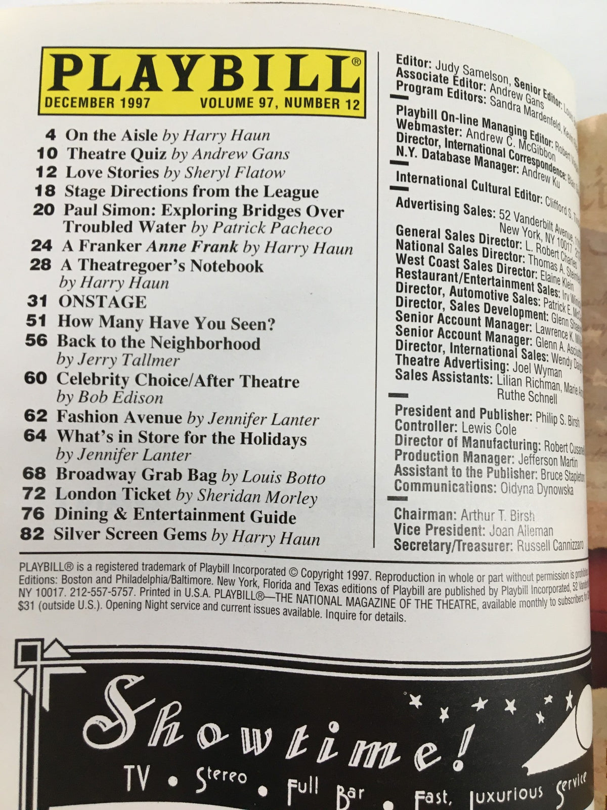 Inside page of the 1997 Playbill for June Moon showcasing the December 1997 production details and cast list.