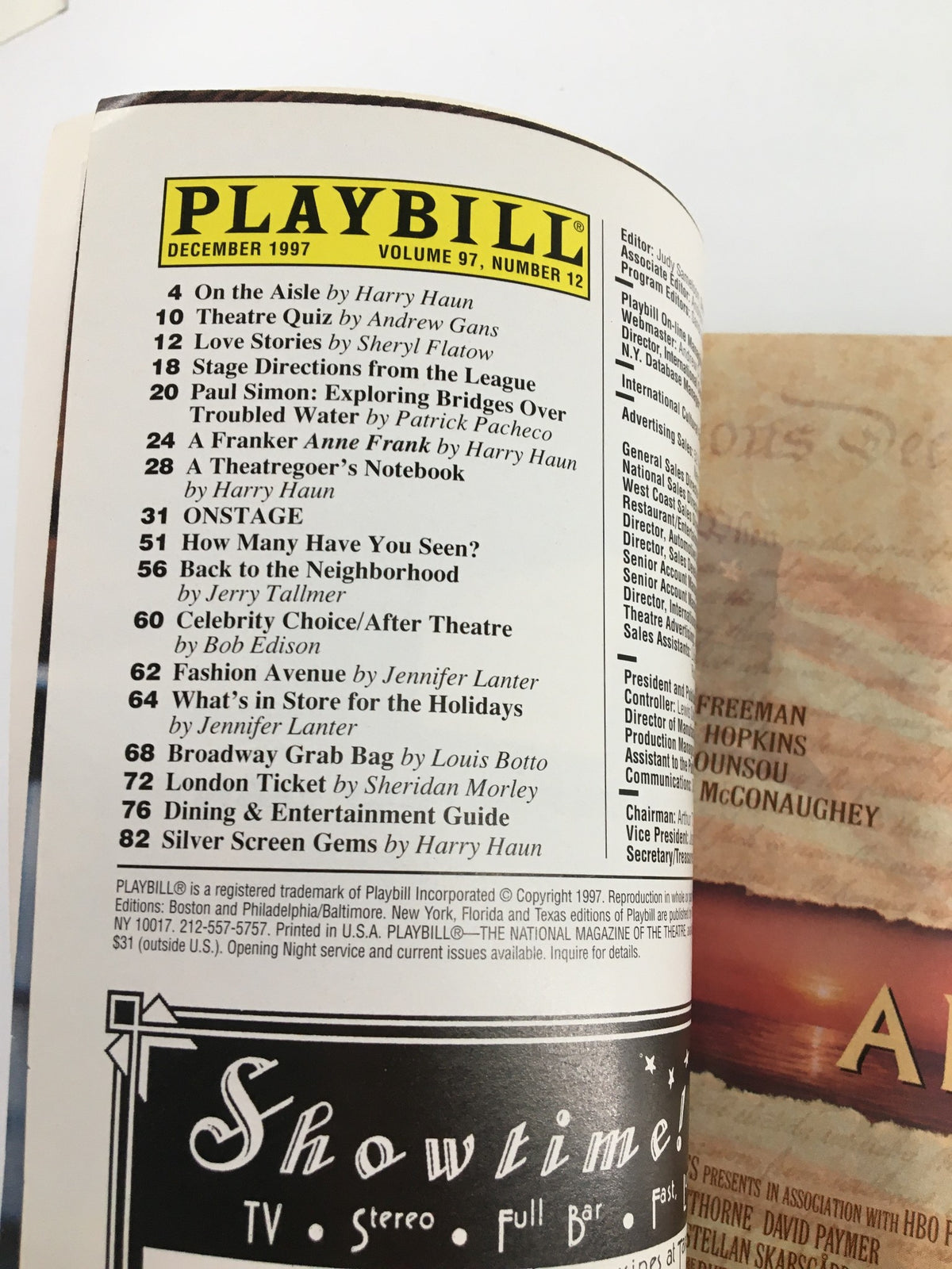 1997 Playbill Manhattan Theatre Club featuring Patricia Clarkson in Three Days of Rain, displaying the content page with listings and program details.