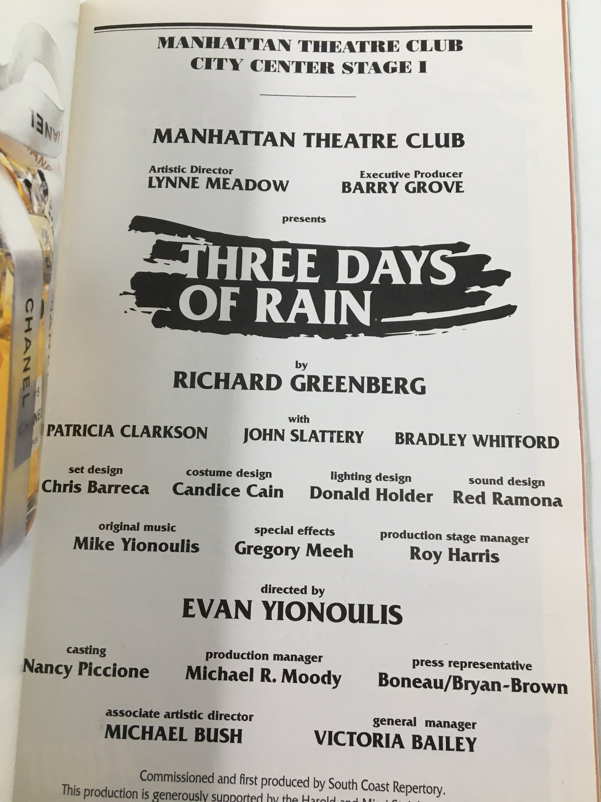1997 Playbill Manhattan Theatre Club for Three Days of Rain, highlighting the cast and crew information including Patricia Clarkson's name.