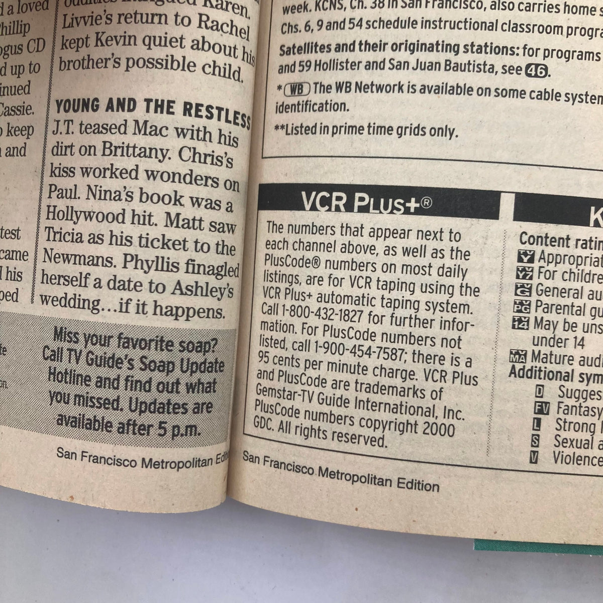 Inside page of TV Guide Magazine November 11 2000 showing programming details and VCR Plus codes, highlighting the magazine's vintage television features.