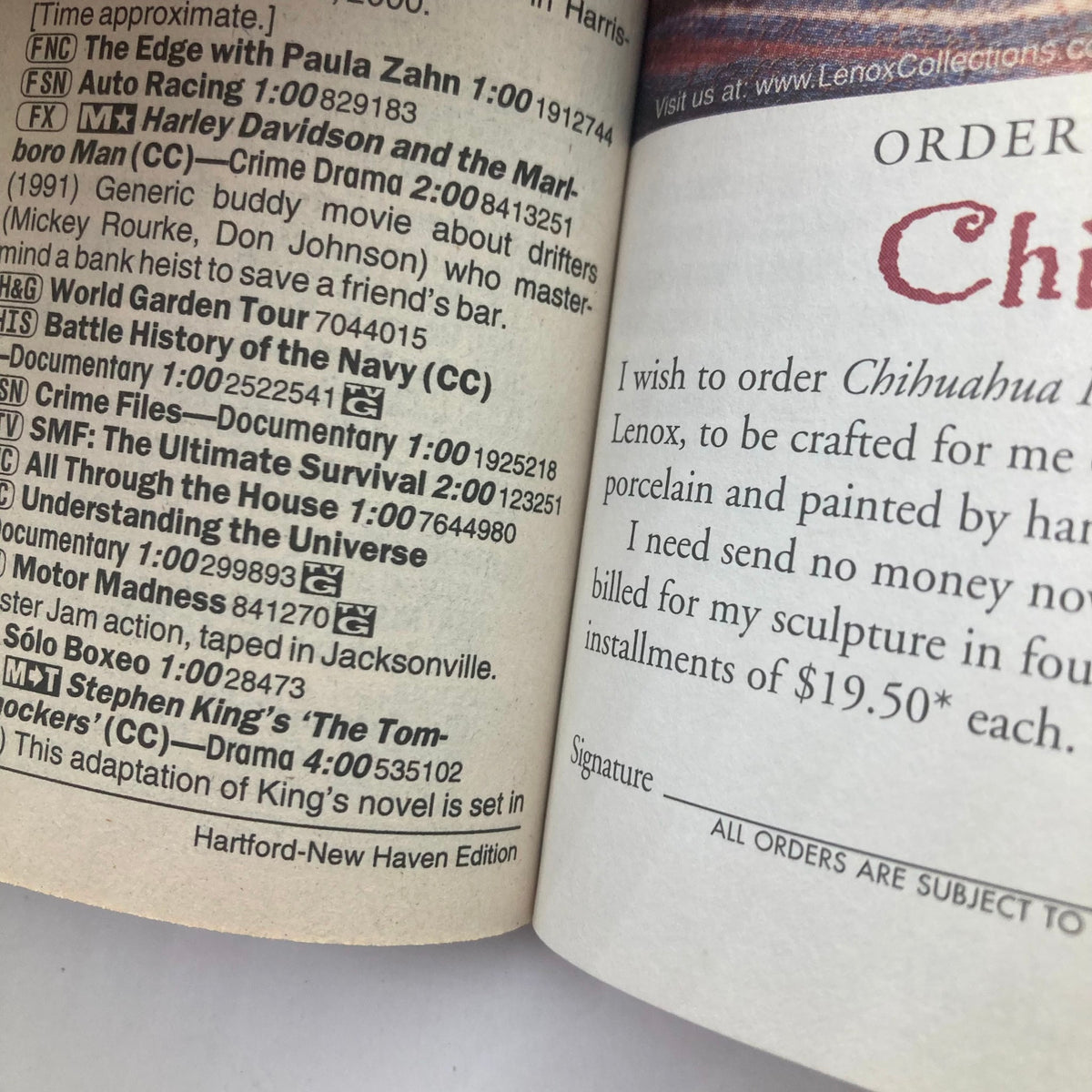 Inside page of TV Guide Magazine November 11, 2000 detailing television programming and listings, Hartford-New Haven Edition.