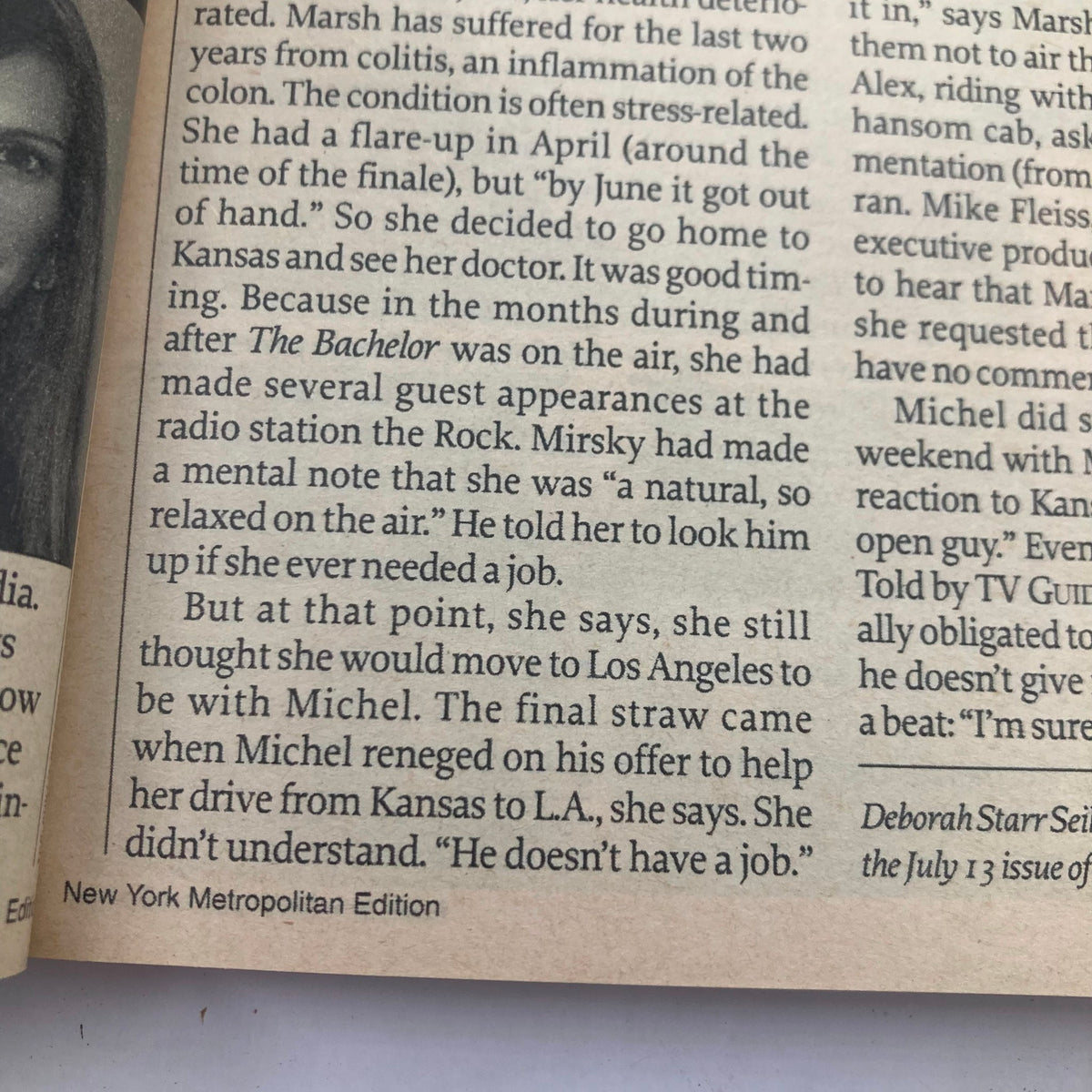 Page from TV Guide magazine discussing television personality and decisions related to moving for job opportunities during the airing of The Bachelor.