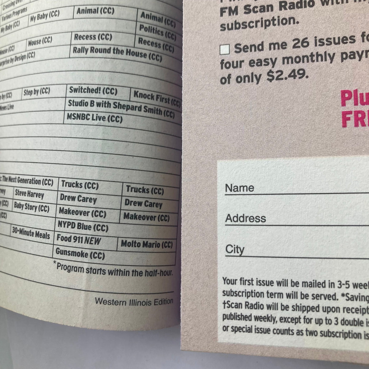 Inside page of TV Guide Magazine August 1, 2004, listing subscription details and program schedule, showcasing the Western Illinois Edition.