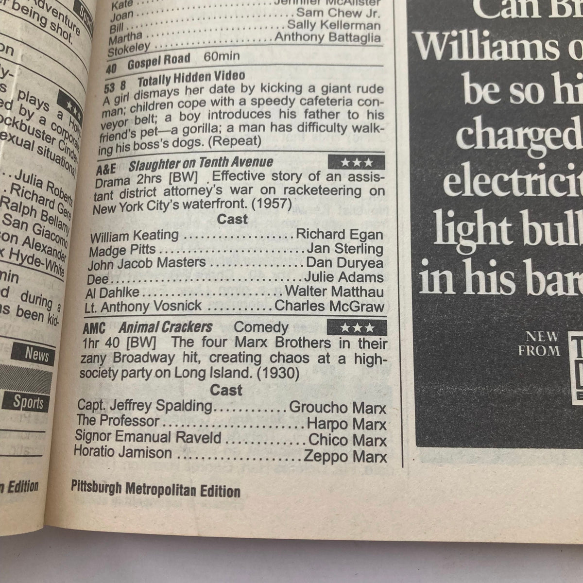 Interior page of the TV Guide Magazine March 30 1991 with program listings, featuring shows like 'Animal Crackers' and 'Slaughter on Tenth Avenue'.