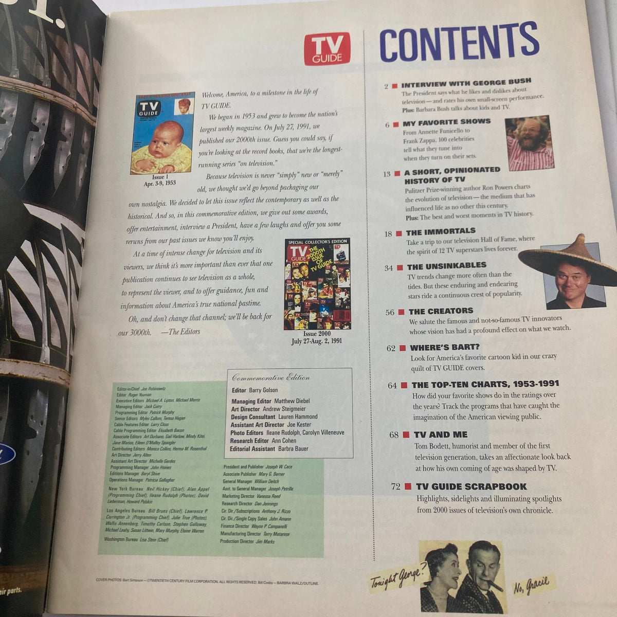 Contents page of TV Guide Magazine 1991, outlining notable features and articles celebrating the 2000th issue, including contributions from famous personalities and a brief history of the magazine.