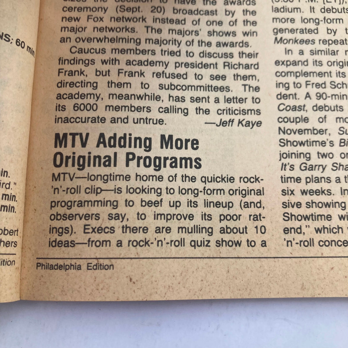 An article excerpt from TV Guide Magazine discussing MTV's plans to add more original programs, highlighting its significance in television history. The publication date is August 22, 1987.