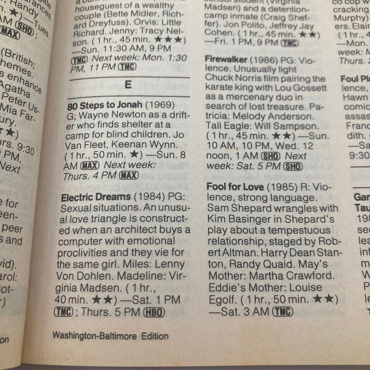 Inside page of TV Guide Magazine from December 26, 1987 displaying TV listings and movie descriptions, including 'Electric Dreams' and 'Firewalker', Washington-Baltimore Edition.