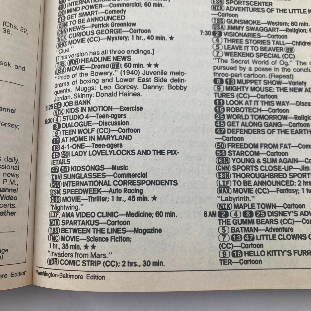 Interior page of TV Guide Magazine February 13 1988 Winter Olympics WA-Baltimore Ed., showing a television schedule with various shows, including cartoons and movies.