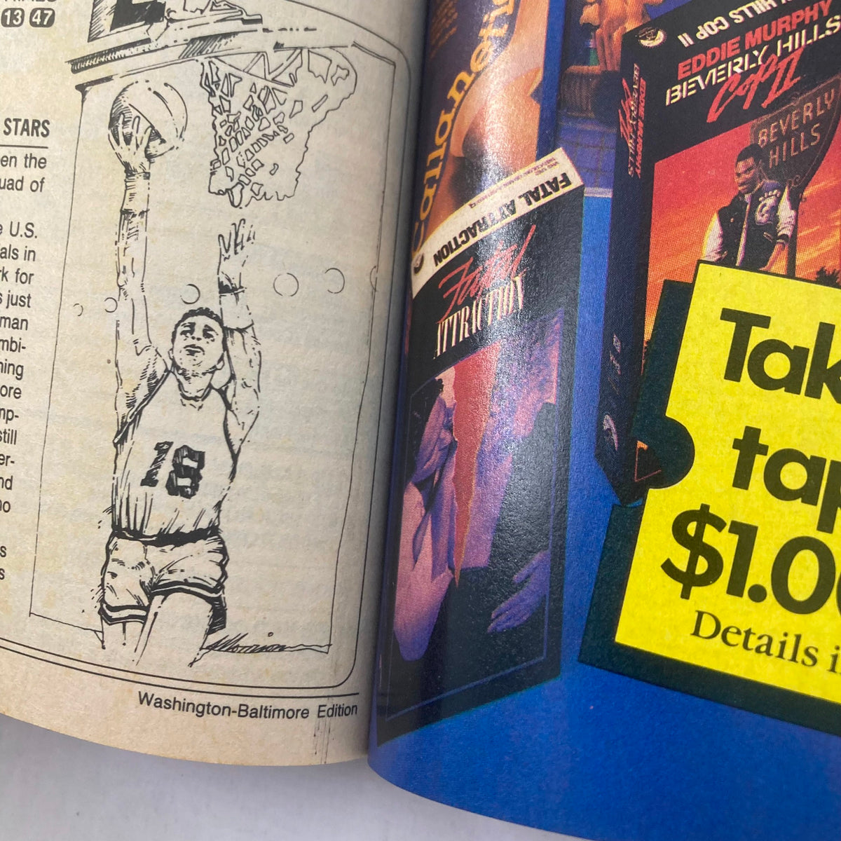 Inside page of TV Guide Magazine from August 6, 1988. Features an illustration of a basketball player and an advertisement for video rentals. This page is part of the Washington-Baltimore edition of the magazine.