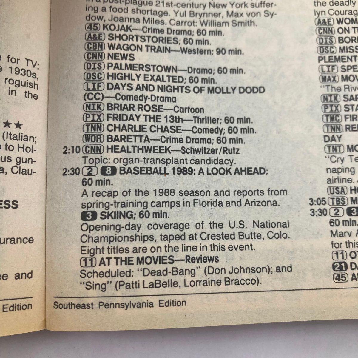Interior page of TV Guide Magazine from April 1, 1989, Southeast Pennsylvania edition, featuring TV listings and programming highlights, showcasing a glimpse of television history.