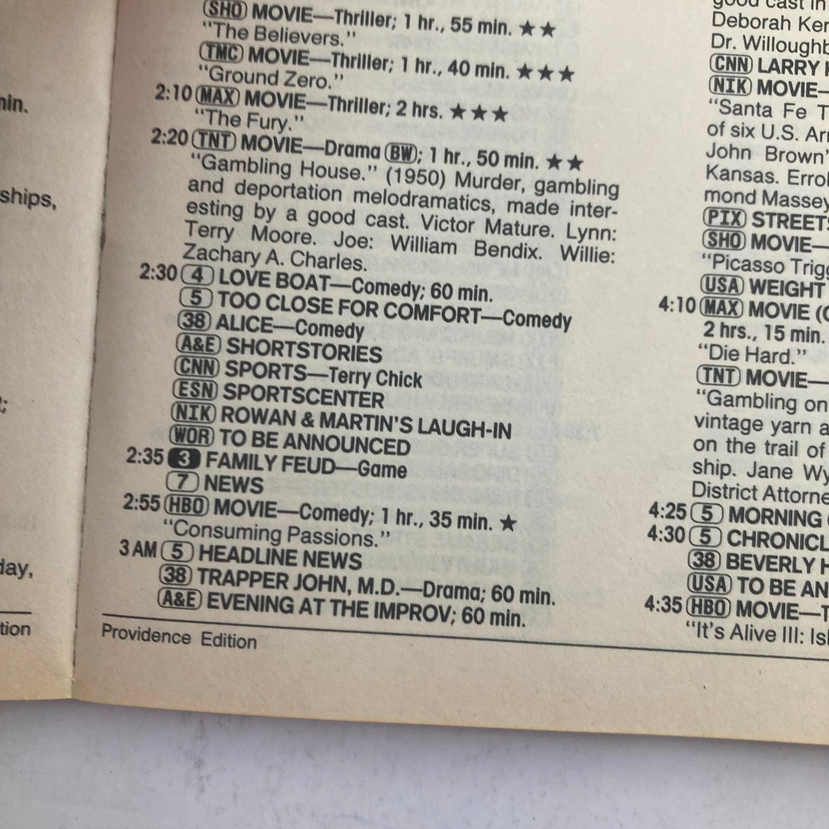 Inside page of TV Guide Magazine from August 5, 1989 showing program listings including Love Boat, Family Feud, and various movies along with notes on scheduled shows.
