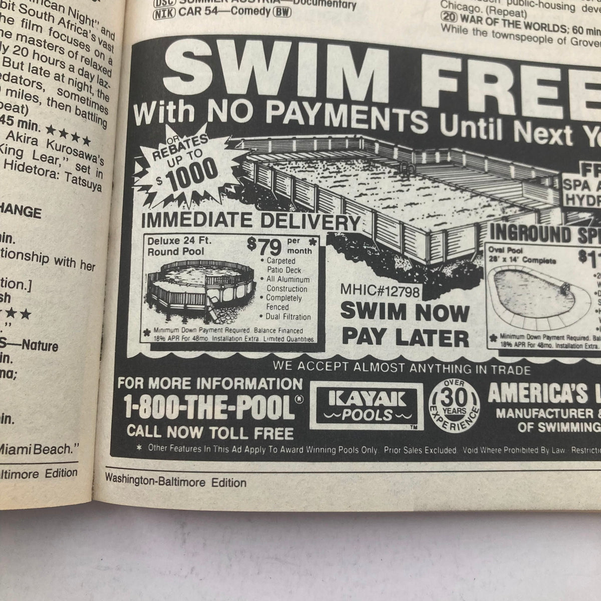 Advertisement for Kayak Pools in a TV Guide Magazine issue, showcasing pool options for $79 per month with immediate delivery. Featured in the Washington-Baltimore edition from August 12-18, 1989.