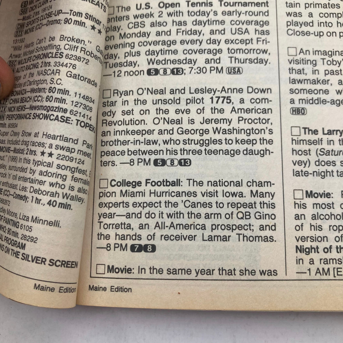 TV Guide Magazine September 5 1992 featuring Joan Lunden, showcasing a page with TV listings and program descriptions, including notable events such as the U.S. Open Tennis Tournament and college football highlights.