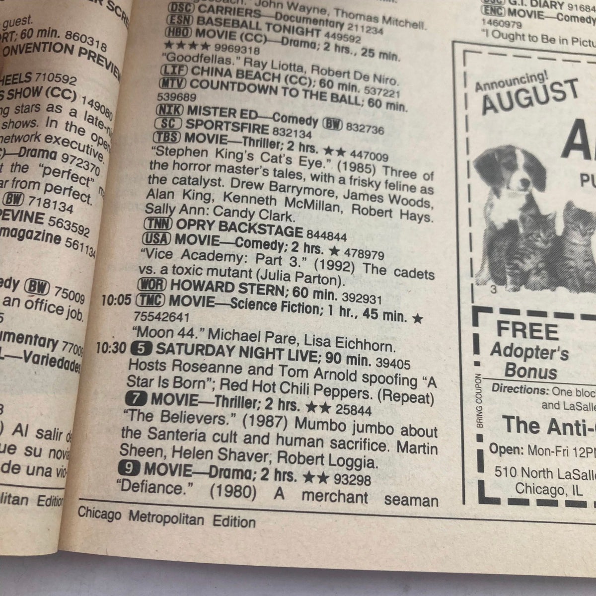 Inside page from TV Guide Magazine August 15 1992 showing programming listings for the Chicago Metropolitan edition, featuring shows like 'Saturday Night Live' and movie titles, reflecting the television landscape of the early 90s.
