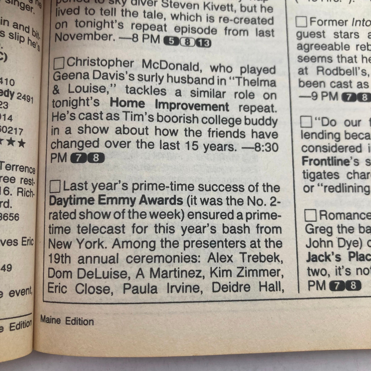 Interior page from TV Guide Magazine dated June 20, 1992, featuring listings and highlights, including information about shows such as Home Improvement and the Daytime Emmy Awards. This page is part of the Ross Perot Maine Edition, which is in pristine condition.