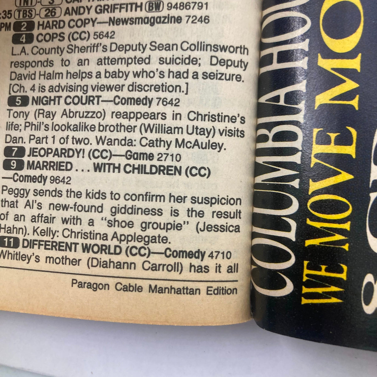 Interior page of TV Guide Magazine January 30 1993 displaying listings for popular TV shows such as Cops, Night Court, Jeopardy, and Married... with Children from the Paragon Cable Manhattan Edition.
