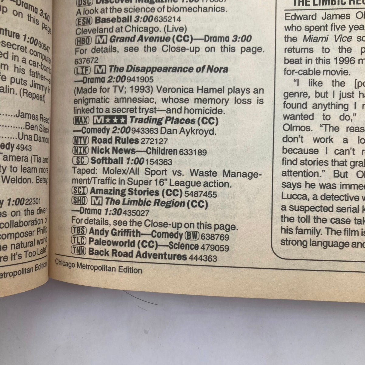 TV Guide Magazine June 29 1996 featuring the Chicago Metropolitan Edition, showcasing listings including The Disappearance of Nora, Trading Places, Amazing Stories, and Andy Griffith Show, highlighting various programs available on that date.