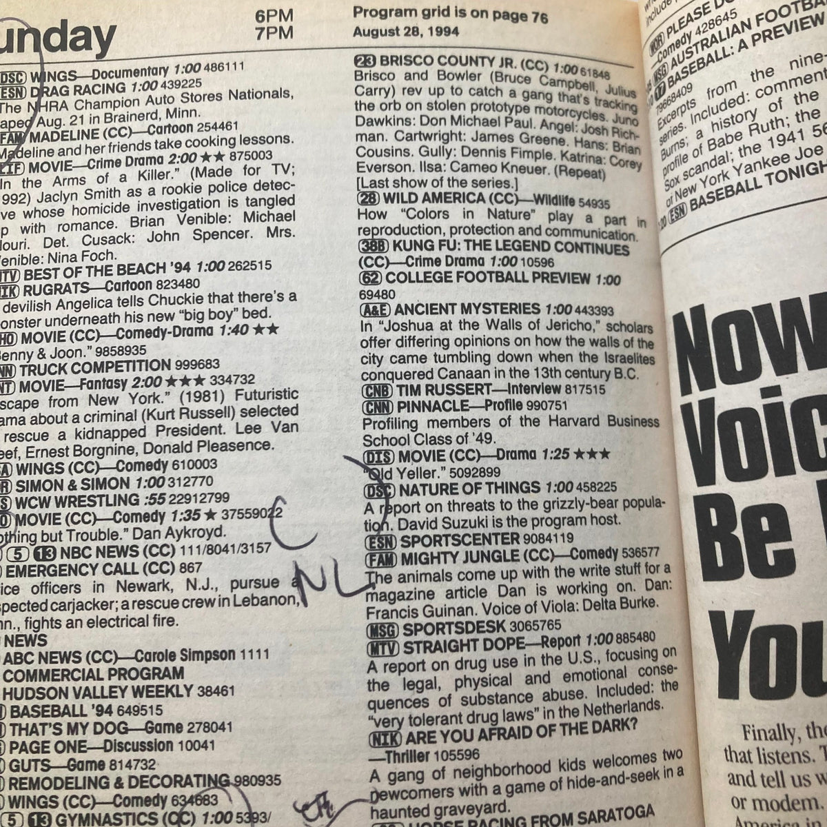 Inside page of TV Guide Magazine dated August 28, 1994, displaying the television program grid and scheduled shows. This page includes listings for popular shows during that week.