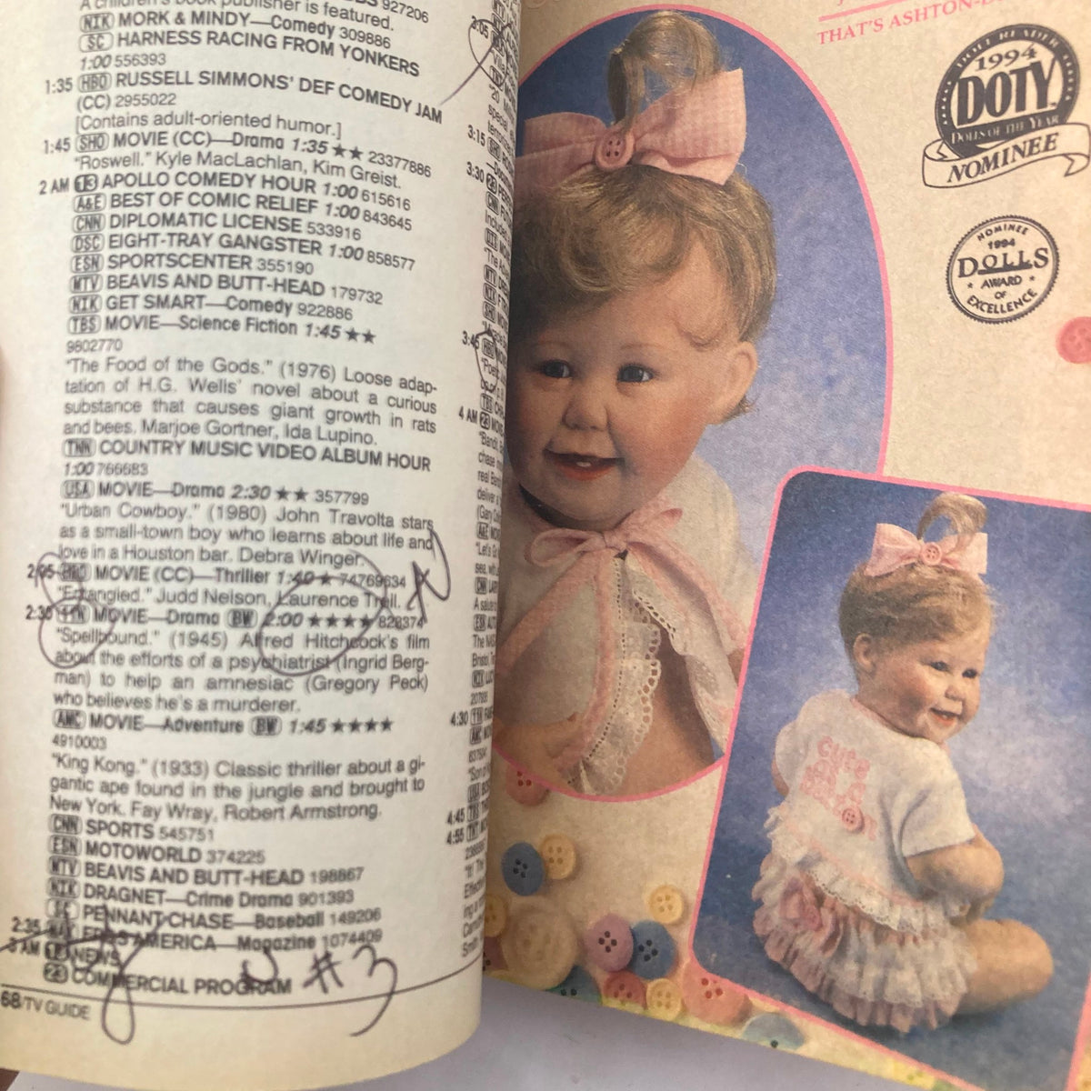 TV Guide Magazine page with program listings from August 1994, featuring a doll advertisement alongside the TV schedules. The page showcases content from the issue with highlighted program times.