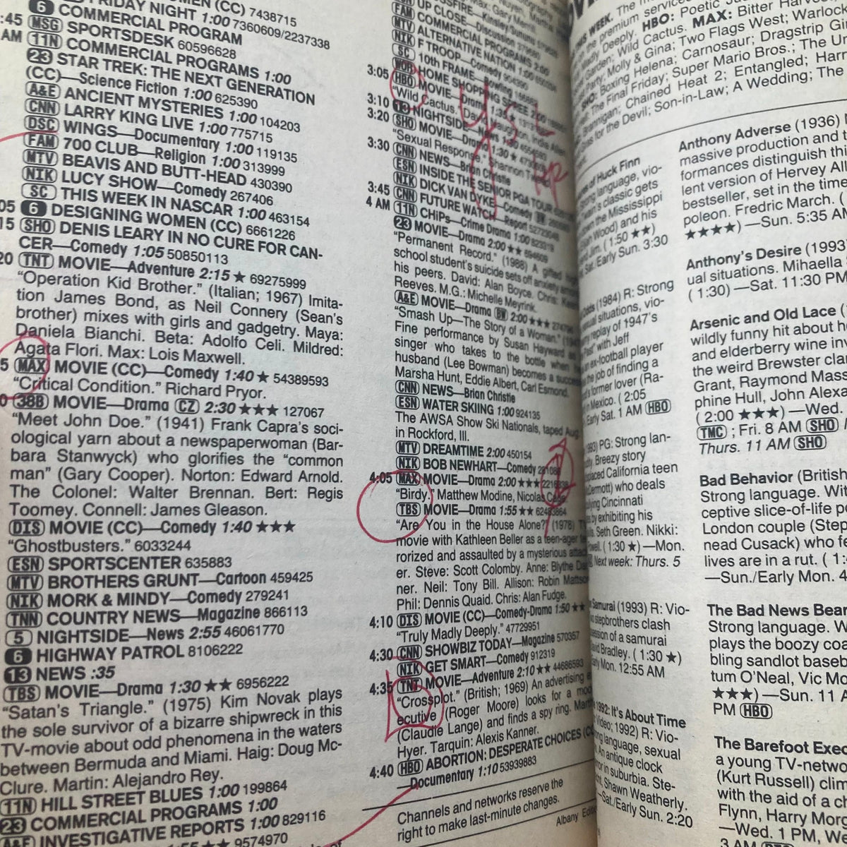 TV Guide Magazine August 27 1994 showing programming listings including popular shows like Ghostbusters and Work & Mindy, with handwritten notes visible.
