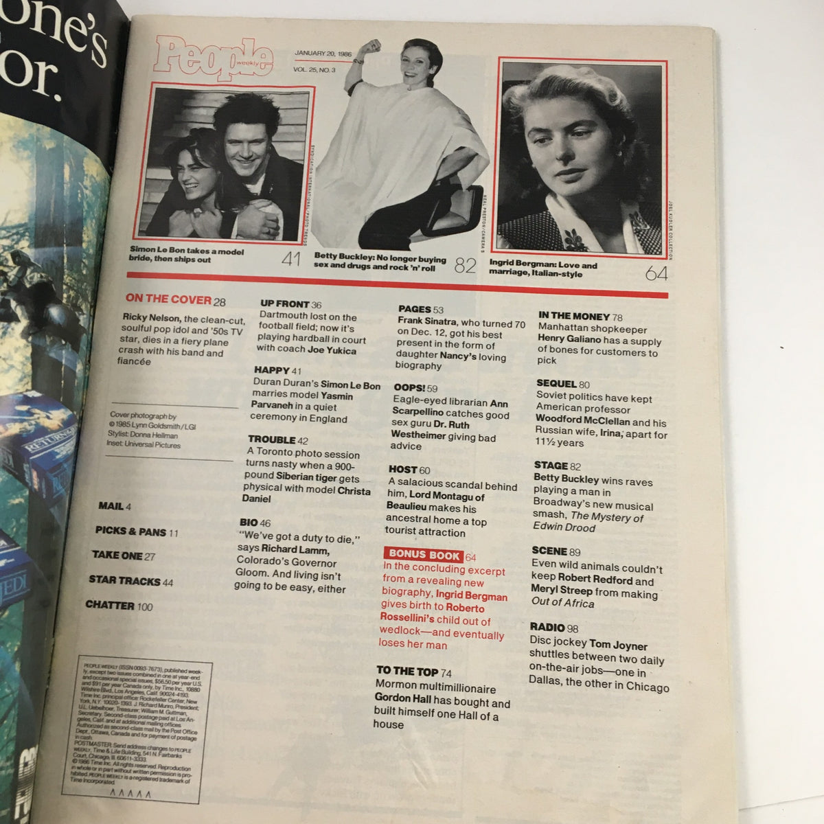 People Weekly Magazine January 20 1986 featuring articles on Ricky Nelson, Betty Buckley, and Ingrid Bergman. Cover highlights include nostalgia and celebrity culture.